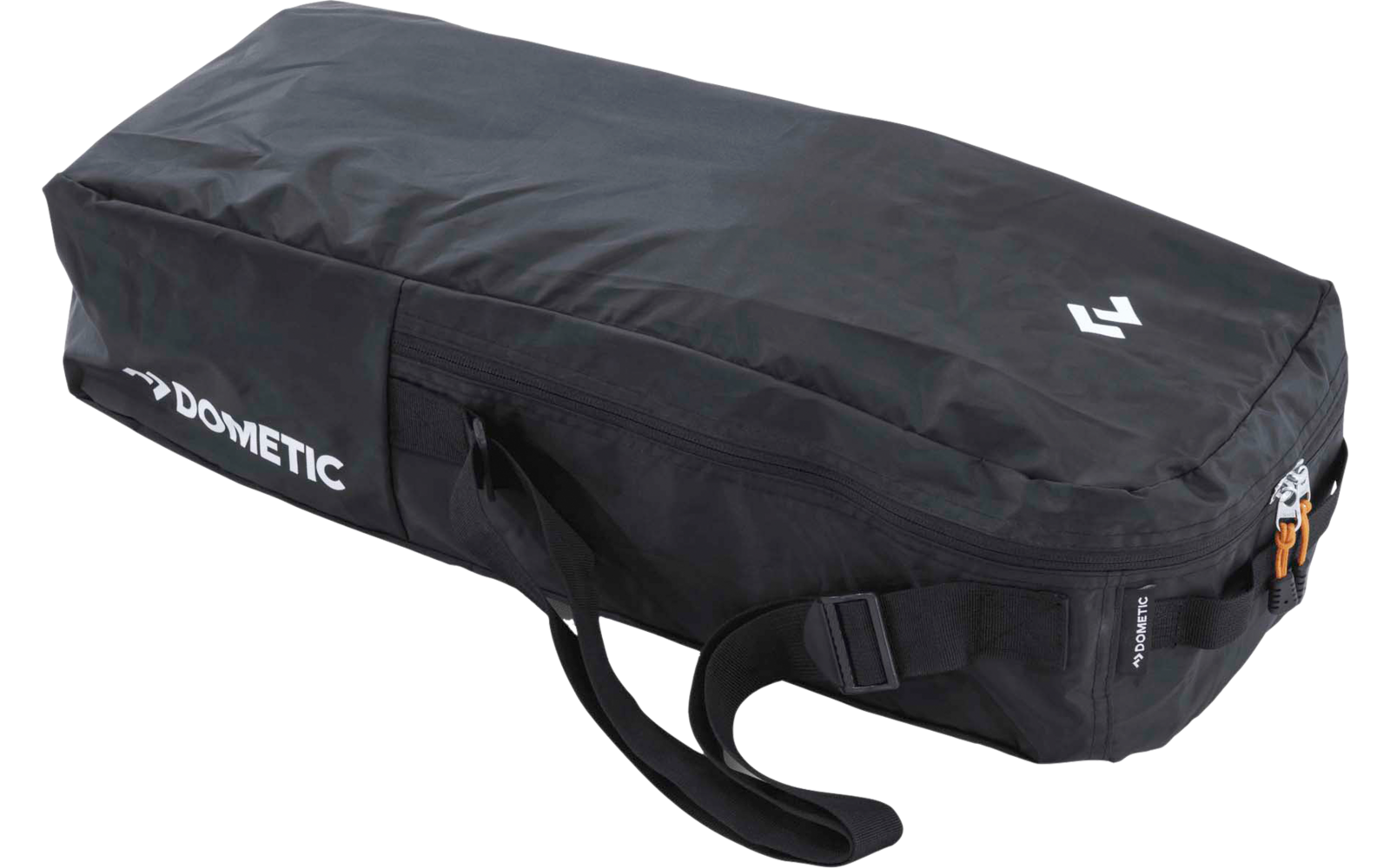 Zwarte rechthoekige stoffen tas met draaggreep, rits rondom, witte tekst "DOMETIC" op de zijkant, wit logo bovenop en oranje ritslip
