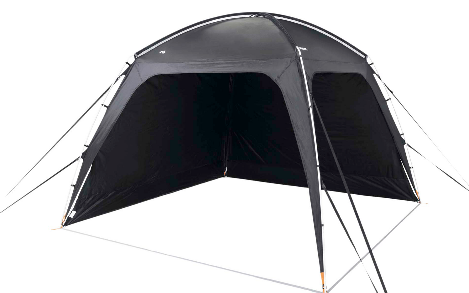 Dunkelgraues freistehendes Zelt mit offenem vorderen Bereich, geschlossener Rückwand, zwei vorderen Stangen und sichtbaren Abspannleinen auf weißem Hintergrund