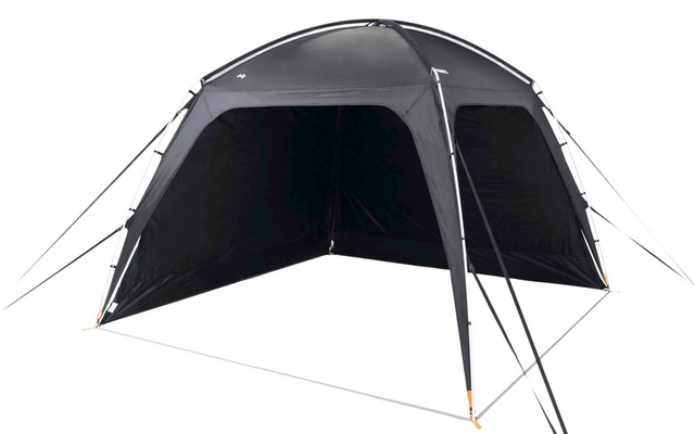 Tente autoportante gris foncé avec façade ouverte, paroi arrière fermée, deux poteaux avant et haubans visibles sur fond blanc