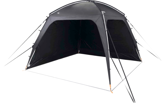 Dunkelgraues freistehendes Zelt mit offenem vorderen Bereich, geschlossener Rückwand, zwei vorderen Stangen und sichtbaren Abspannleinen auf weißem Hintergrund