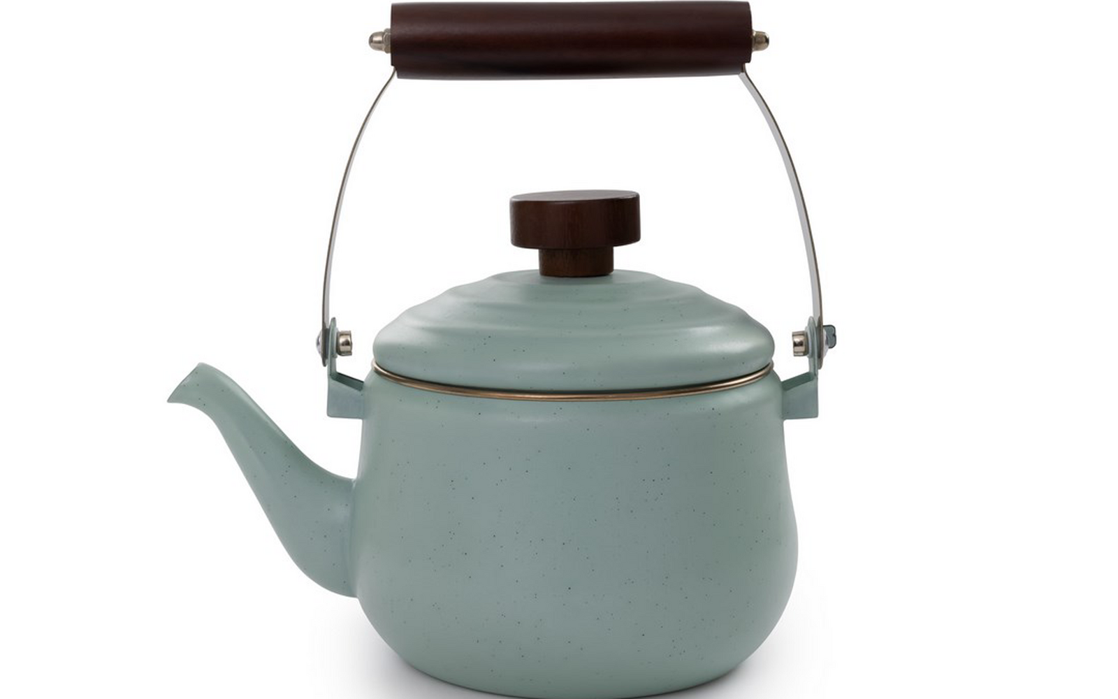 Blauer Teekessel mit braunem Griff und Deckelknauf, auf weißem Hintergrund