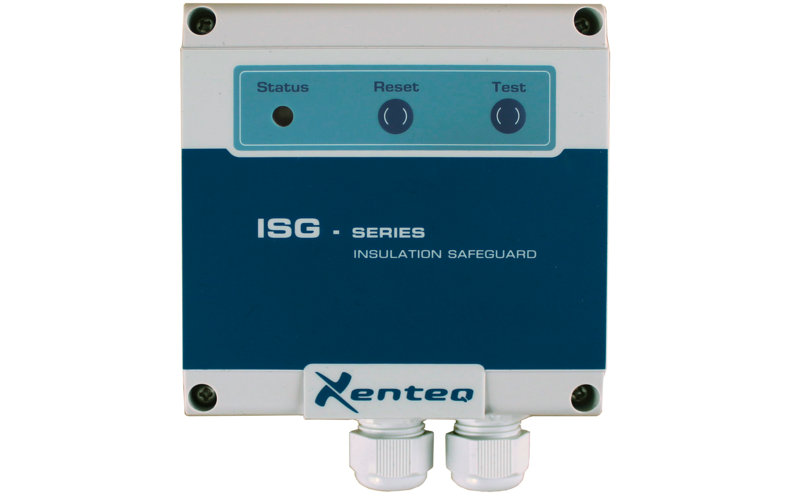 Witte en blauwe elektronische besturingskast met de aanduidingen Status, Reset en Test en twee witte kabelverbindingen onderaan