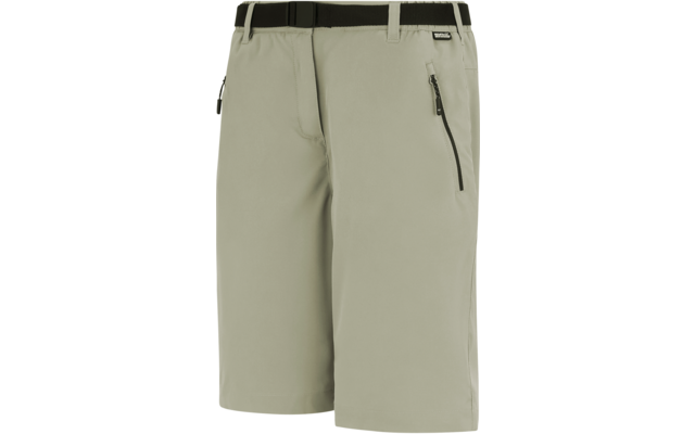 Beige knielange Shorts mit schwarzem Gürtel, Reißverschlusstasche vorne rechts und Gürtelschlaufen