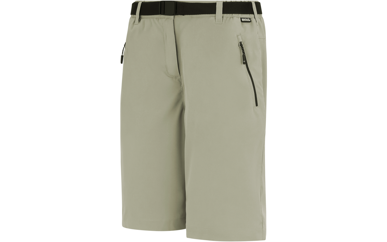Beige knielange Shorts mit schwarzem Gürtel, Reißverschlusstasche vorne rechts und Gürtelschlaufen