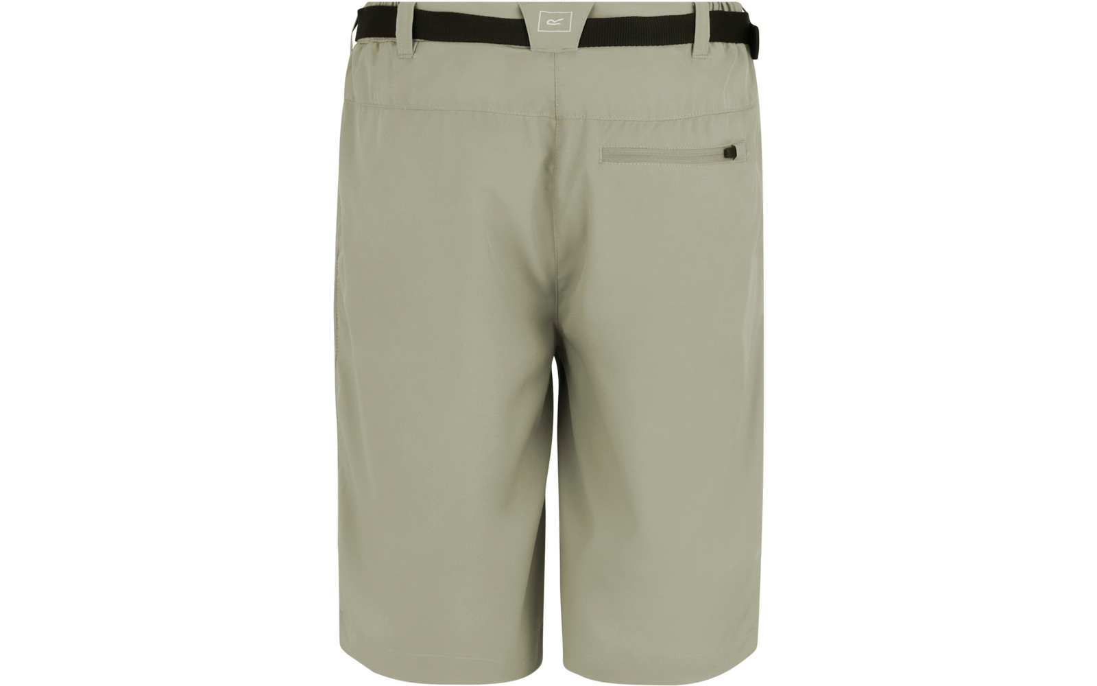 Rückenansicht beige Shorts mit schwarzem Gürtel und Reißverschlusstasche rechts