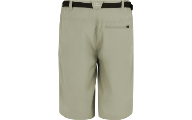 Rückenansicht beige Shorts mit schwarzem Gürtel und Reißverschlusstasche rechts