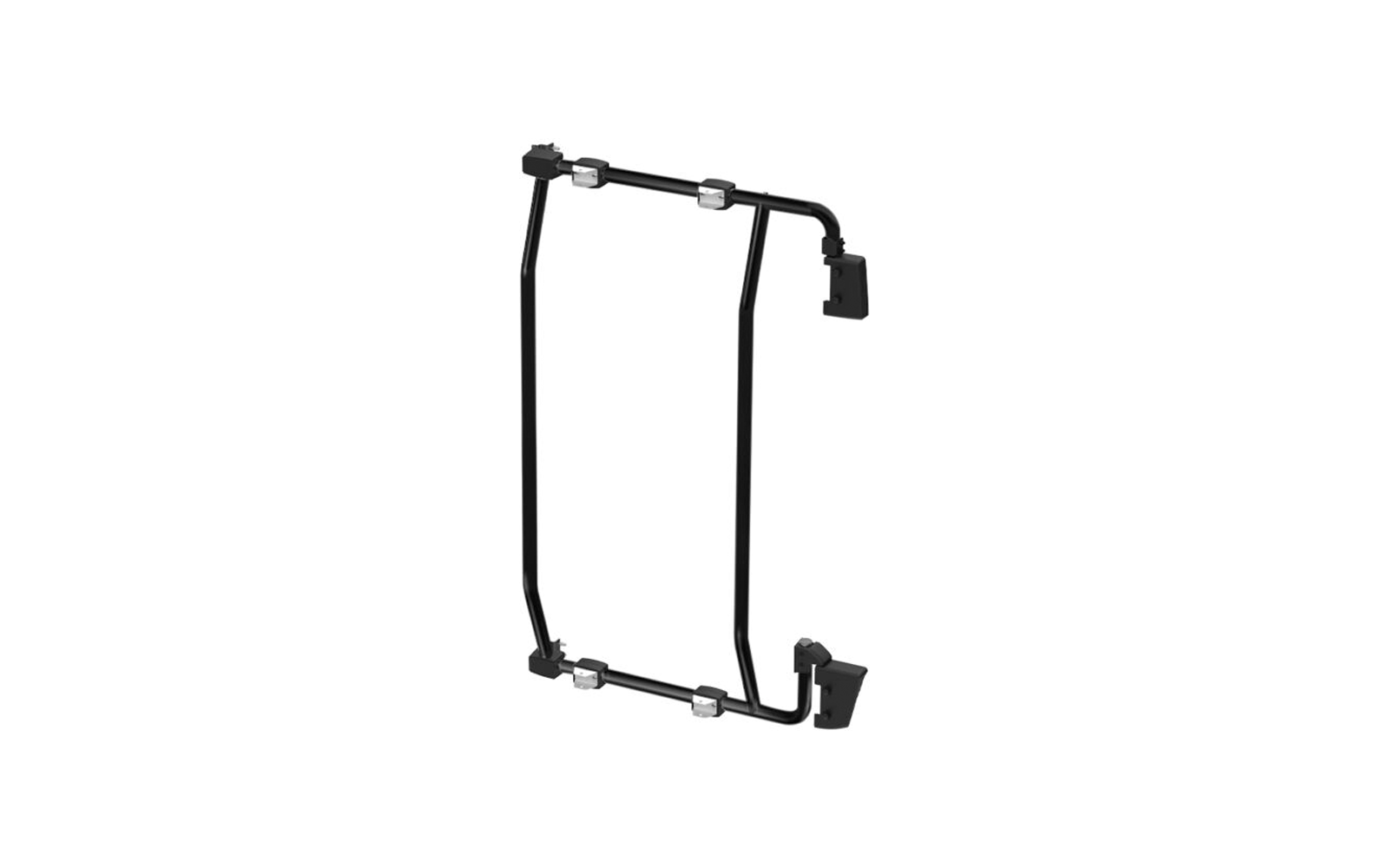 Schwarzer rechteckiger Metallrahmen mit zwei vertikalen Stangen, abgerundeten Ecken, mehreren silbernen Clips und zwei schwarzen Blockelementen an einer Seite auf weißem Hintergrund