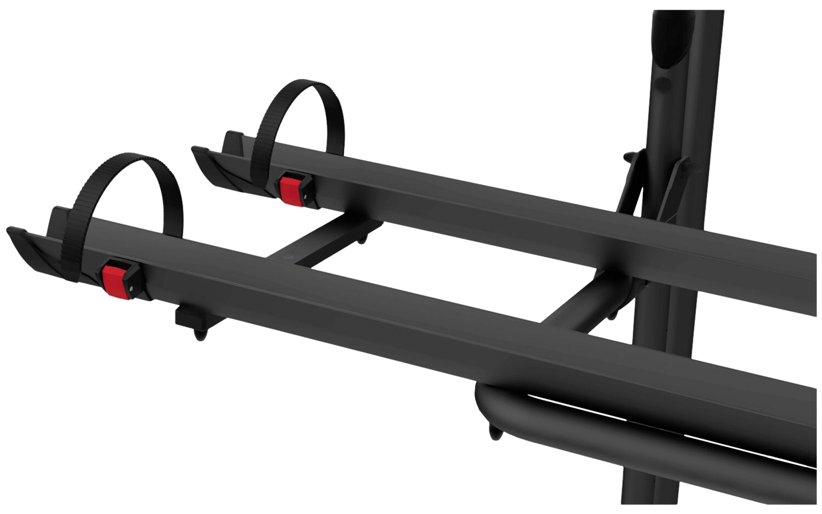 Schwarze Fahrradhalterung mit zwei parallelen Schienen, jeweils mit schwarzer Schlaufe und rotem Verschluss, vor weißem Hintergrund