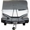 Front of a caravan with a grey cover showing the word “Berger”, two black straps, tow hitch and jockey wheel