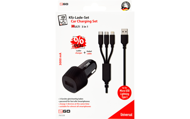 2GO car charging set with 3 in 1 charging cable 12/24V