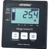 Écran VOTRONIC noir avec logo 'VOTRONIC', grand LCD affiche '25.4 A' et une barre de batterie à gauche. Étiquettes visibles : 'Charge', 'Care', 'Float', 'Absorp', 'Bulk', 'Charge Control CI', trois boutons '▲/▼', 'Mode', 'Back Light', 'Start Batt.3s', 'Set 3s', 'Made in Germany'