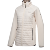 Giacca color crema con zip centrale, collo a lupetto, pannello anteriore trapuntato, due tasche con zip e maniche lunghe lisce