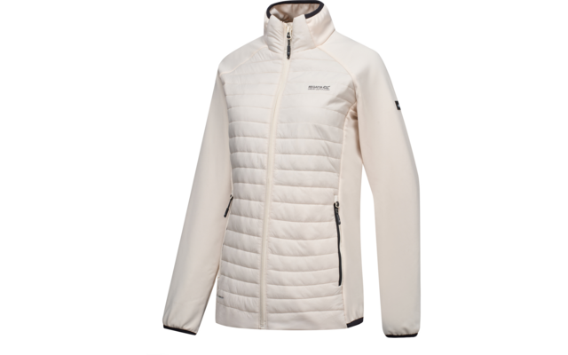Giacca color crema con zip centrale, collo a lupetto, pannello anteriore trapuntato, due tasche con zip e maniche lunghe lisce