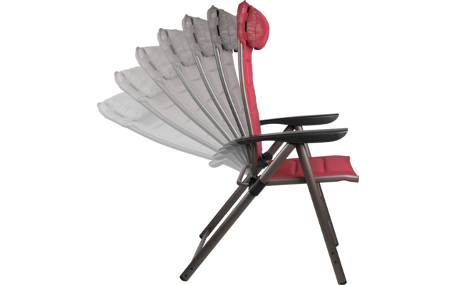 Roter gepolsterter Stuhl mit schwarzen Armlehnen und braunem Metallgestell; Rückenlehne in mehreren überlagerten Positionen