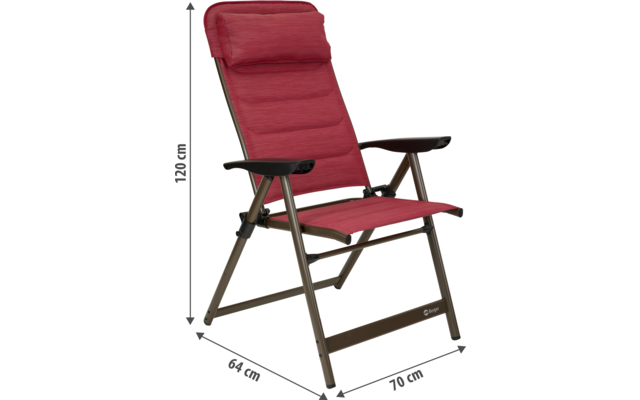 Roter Klappstuhl mit Armlehnen und Metallgestell, mit Maßen gekennzeichnet