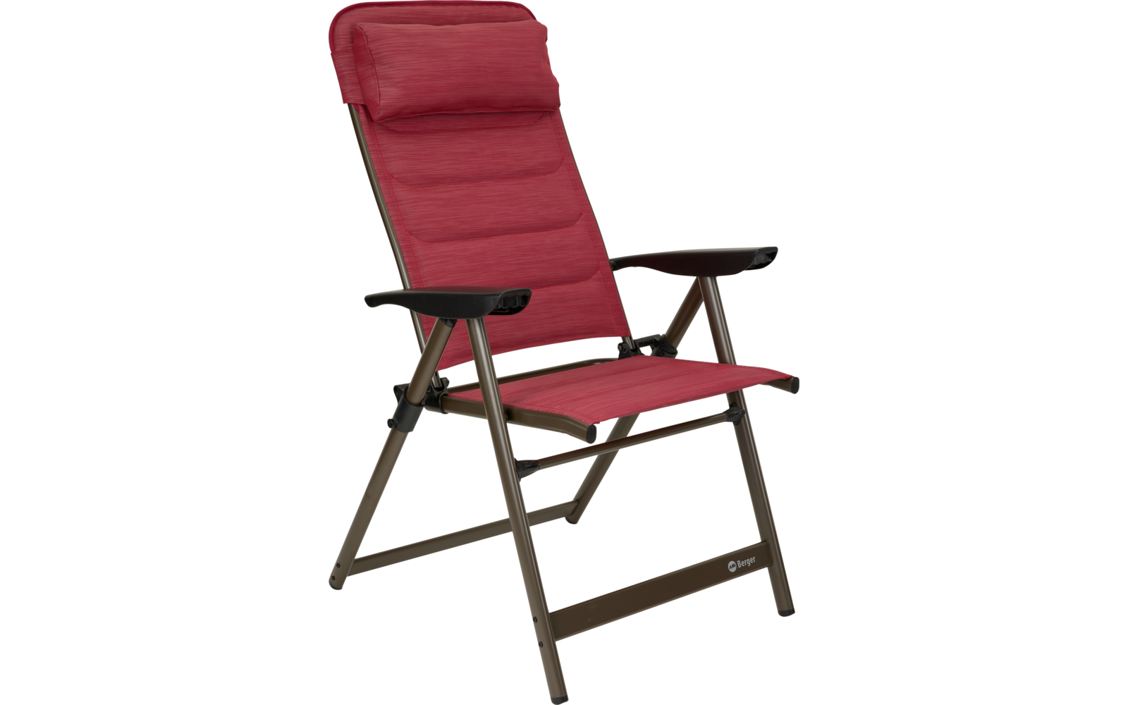 Chaise rembourrée rouge avec dossier haut, coussin pour la tête, accoudoirs noirs et structure métallique brune