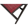 Gros plan sur un coin d'une assise en tissu rouge à rayures sur une structure métallique noire avec le mot 'Berger'