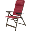 Fauteuil pliant rembourré rouge avec appuie-tête et armature métallique sombre