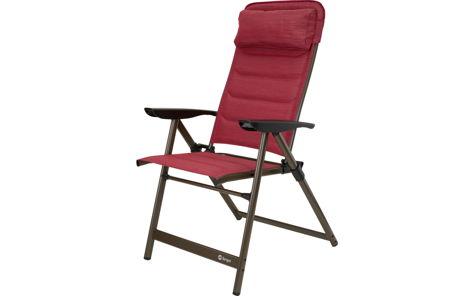 Fauteuil pliant rembourré rouge avec appuie-tête et armature métallique sombre