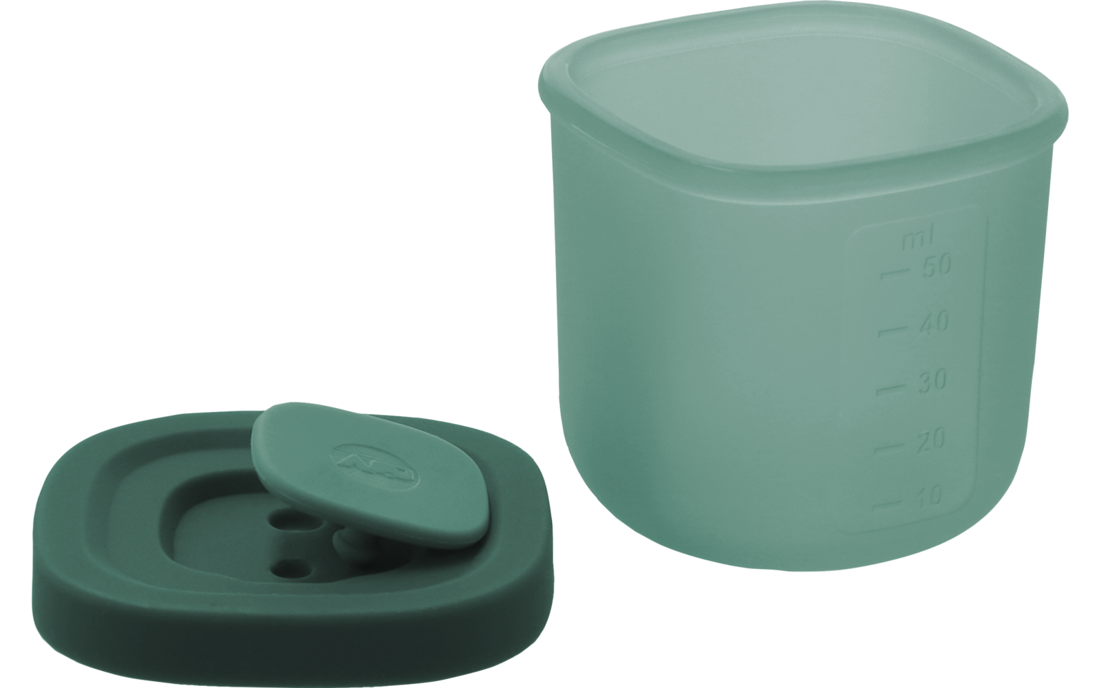 Doorzichtige groene maatbeker met milliliter-schaal; daarnaast een bijpassend groen deksel met een klein klapdopje