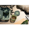 Groene bakjes, één open met zaden, deksel ernaast, houten snijplank met courgette, mes, bleke pompoen en beige doek op houten oppervlak, schaduwen van bladeren