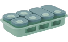 Several green-teal plastic containers with lids arranged in a matching tray