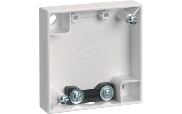 Weiße quadratische Montagebox mit Schrauben und schwarzem Halter