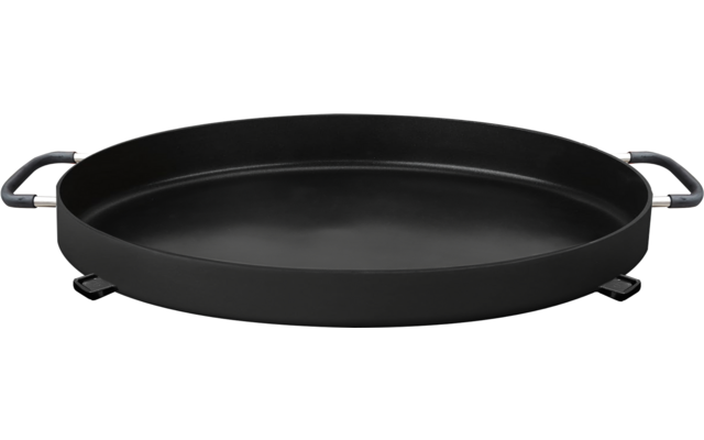 Runde schwarze Pfanne mit zwei Griffen, isoliert auf weißem Hintergrund