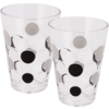 Two transparent glasses with large black and beige dots