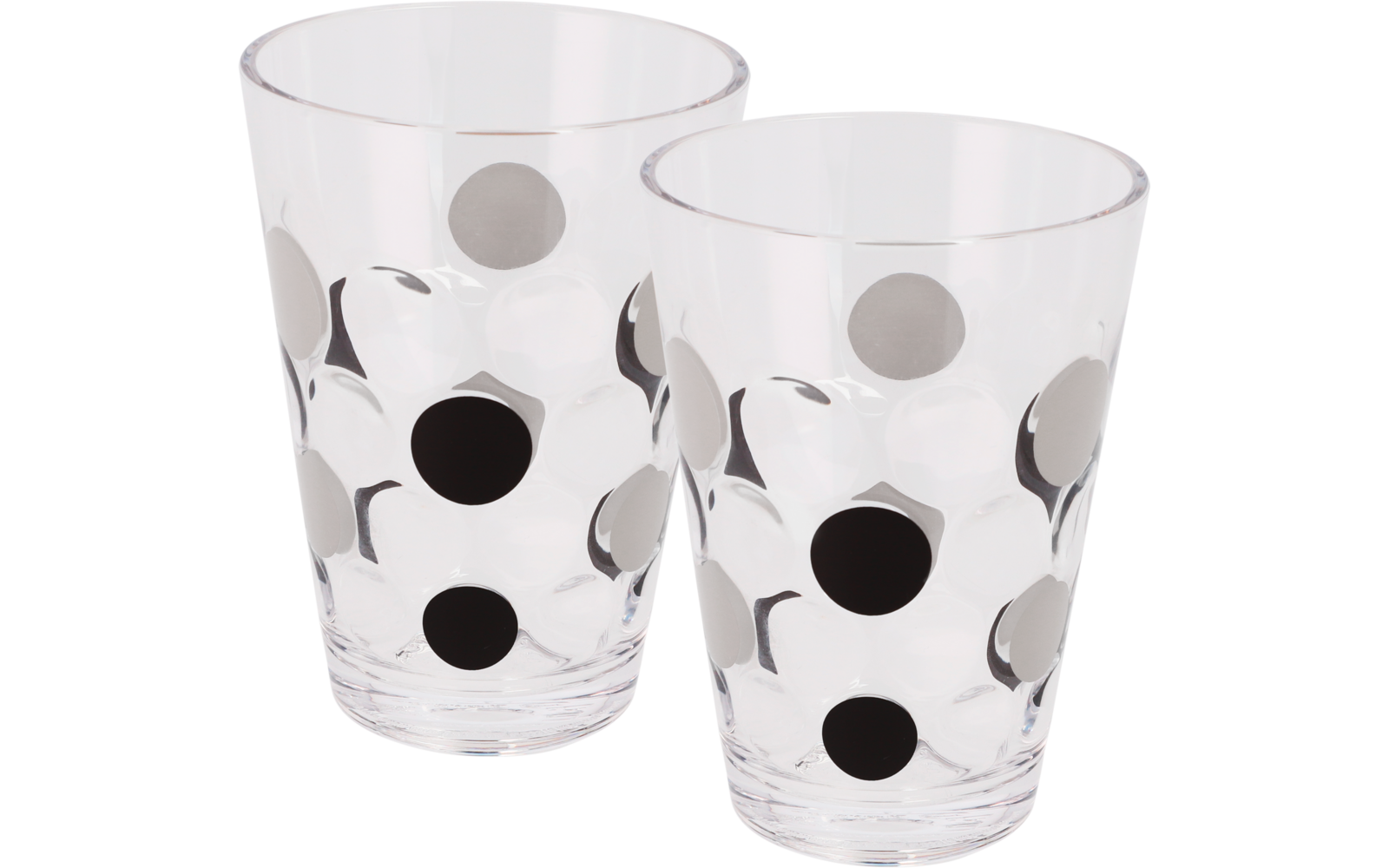 Two transparent glasses with large black and beige dots