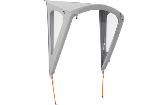 Weiße Regenhaube mit transparentem Fenster und orangefarbenen Seilen zur Befestigung