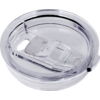 Round transparent plastic lid with sliding closure and visible opening