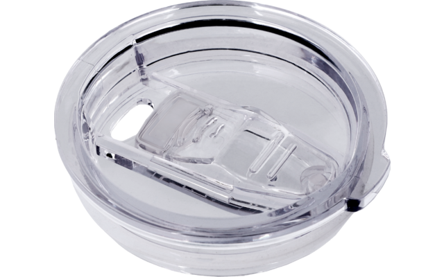 Round transparent plastic lid with sliding closure and visible opening