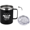 Black mug with handle, white "camp life" logo showing mountains, trees and a camper, clear plastic lid beside it