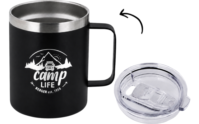 Black mug with handle, white "camp life" logo showing mountains, trees and a camper, clear plastic lid beside it