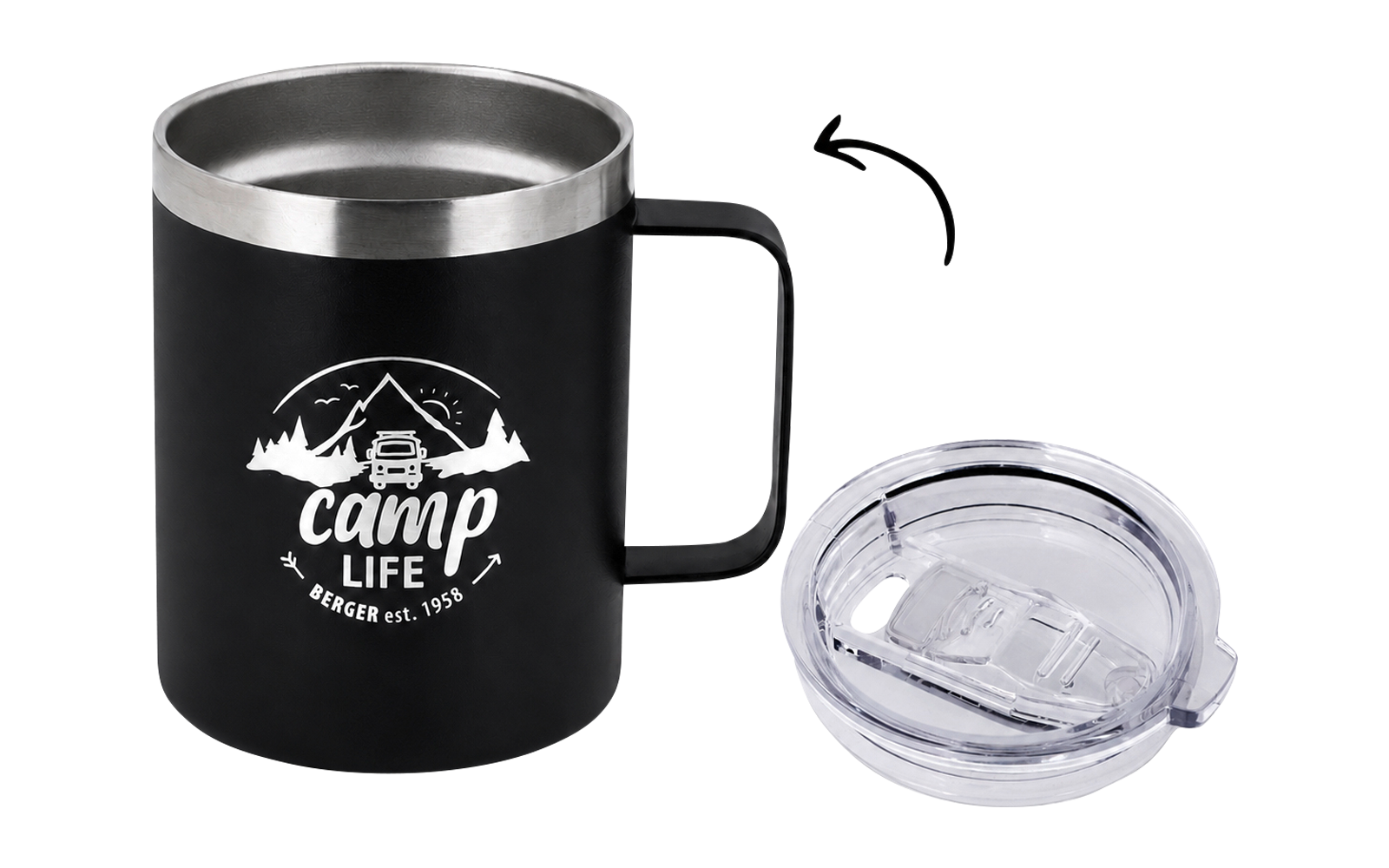 Black mug with handle, white "camp life" logo showing mountains, trees and a camper, clear plastic lid beside it