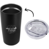Black tumbler with white 'camp LIFE' logo (mountains and cabin) on the left, clear removable lid on the right