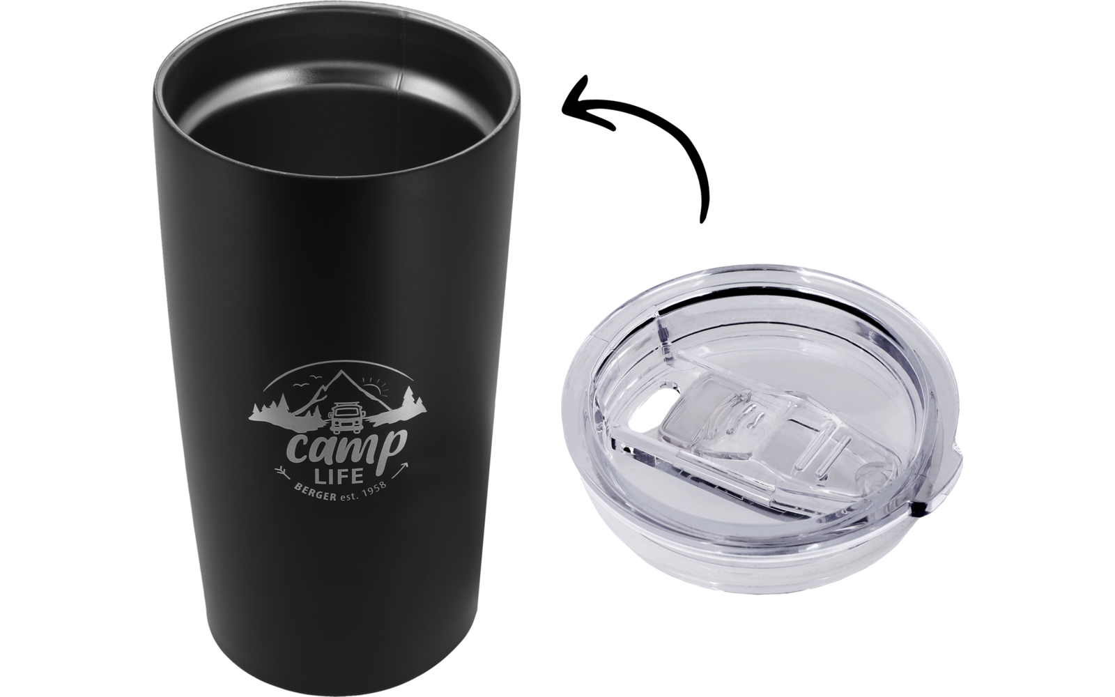 Black tumbler with white 'camp LIFE' logo (mountains and cabin) on the left, clear removable lid on the right