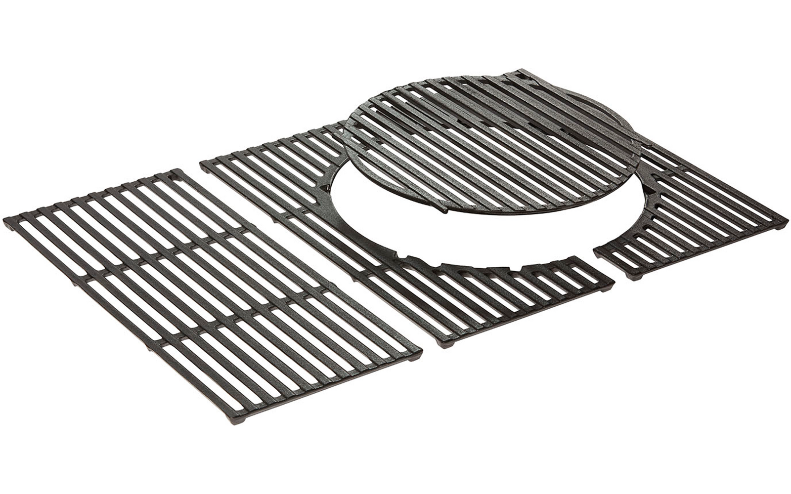 Grilles métalliques foncées à barres parallèles : trois plaques rectangulaires et un insert rond avec découpe, sur fond blanc