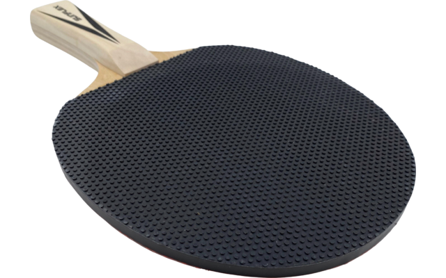 Schwarzer Tischtennisschläger mit orangefarbenem Griff
