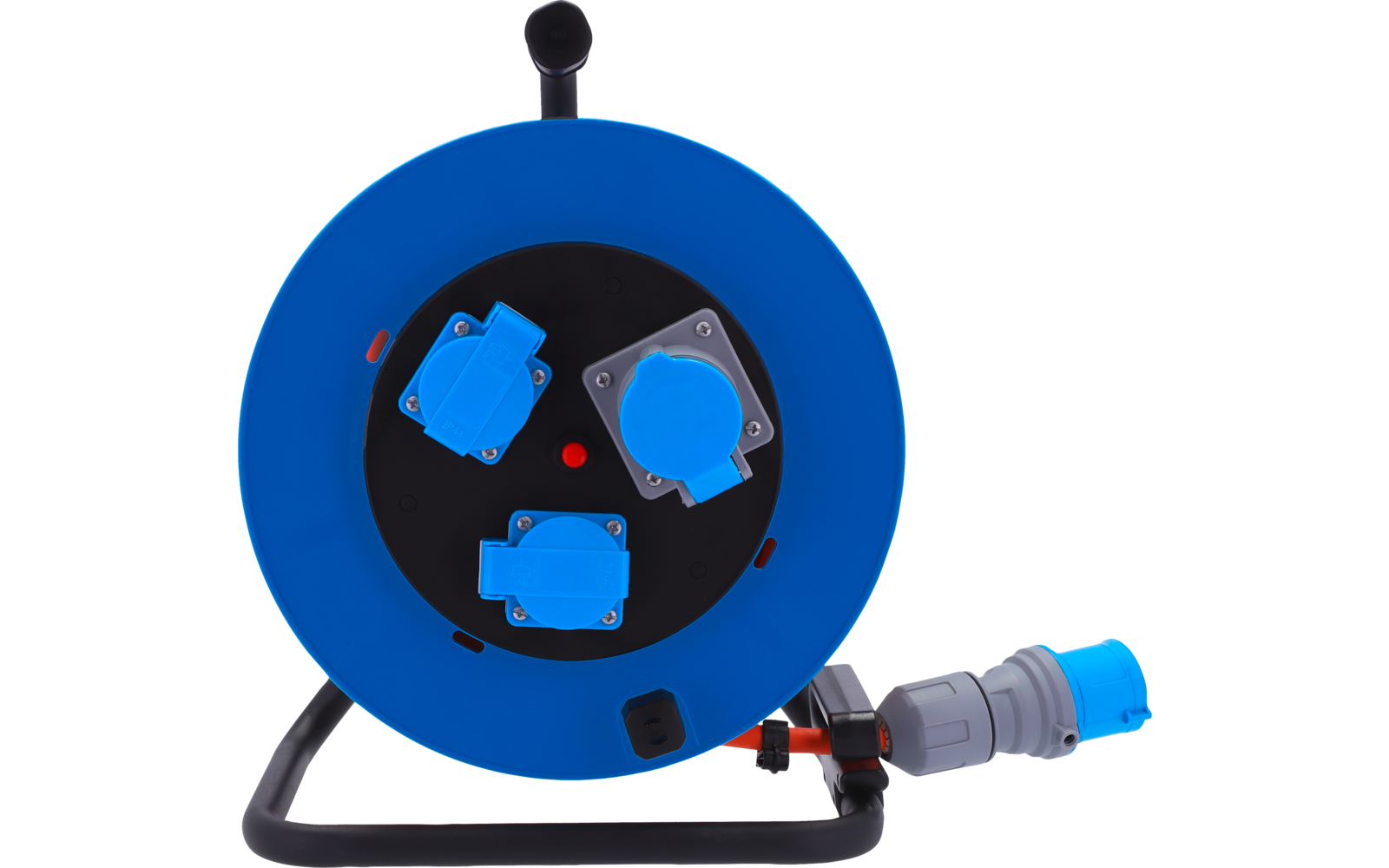 Blaue Kabeltrommel mit schwarzer Frontplatte, drei blauen Steckdosen, schwarzem Gestell und graublauem Steckerteil am Kabel