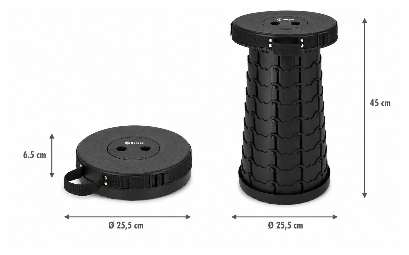 Zwei runde schwarze Hocker nebeneinander: links flach zusammengeklappt (Höhe 6,5 cm, Ø 25,5 cm) mit Trageschlaufe, rechts ausgezogen (Höhe 45 cm, Ø 25,5 cm) mit segmentierter Oberfläche