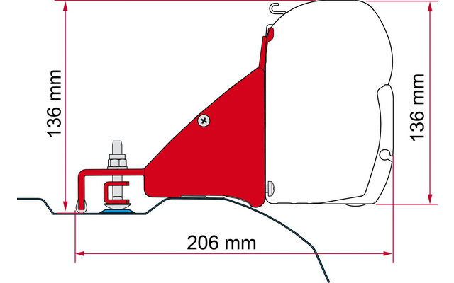 Seitenansicht eines roten Bauteils mit Schraube und Mutter, auf einer grauen Fläche montiert; rechts ein halbkreisförmiges weißes Bauteil; rote Maßlinien zeigen 136 mm Höhe links und rechts und 206 mm Breite