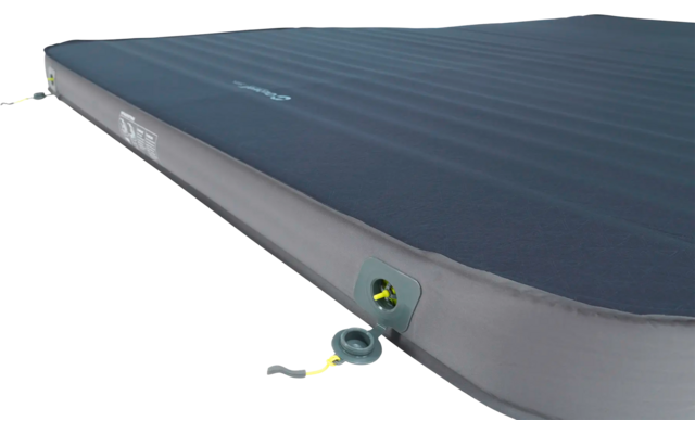 Luchtmatras met donker oppervlak en grijze rand, zijaanzicht met ventiel en gele koordsluiting