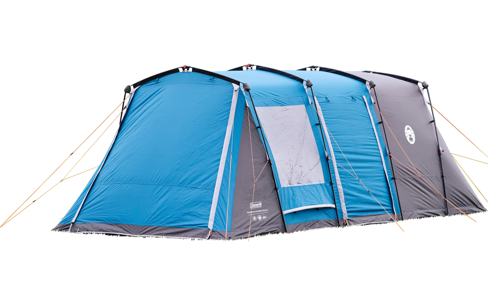 Aufgespanntes blaues und graues Tunnelzelt mit Reißverschluss-Eingang, seitlichem Fenster und gelben Abspannleinen