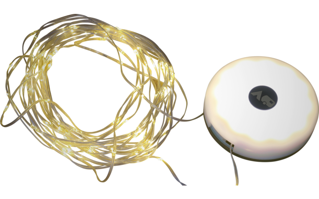 Lichterkette mit gelben LED-Lichtern und runder weißer Basis auf Holzboden