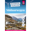 Titelseite mit Text "Wohnmobil Tourguide" und "Südnorwegen" auf blauem Hintergrund; Foto von felsiger Berglandschaft mit Straße, mehreren Wohnmobilen, Tal mit Wasserfläche; oben rechts pinkes Logo "Reise Know-How"; rechts drei weiße Wohnmobil-Icons
