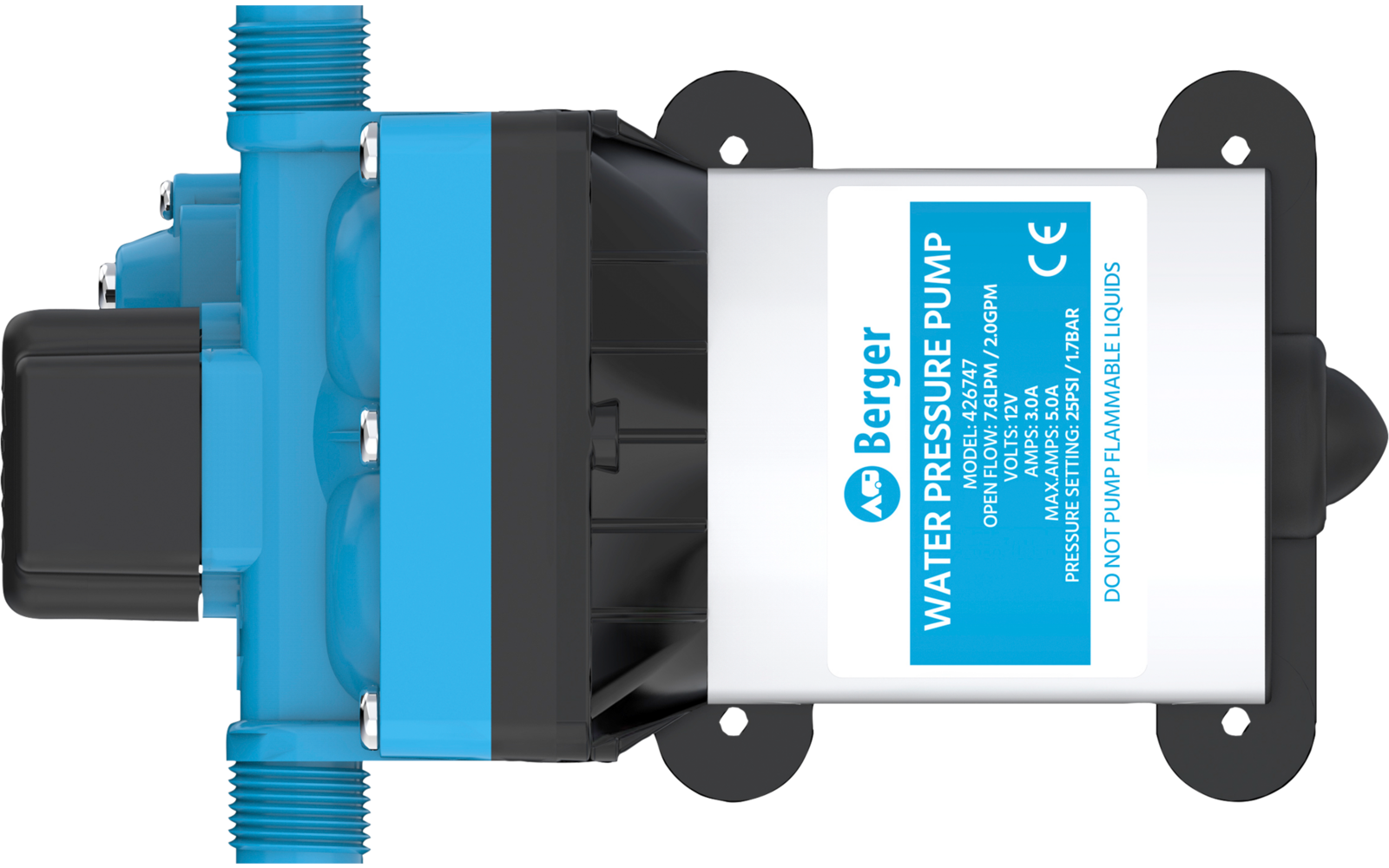 Blaue und schwarze Wasser-Druckpumpe mit weißem Gehäuse, blauem Etikett 'WATER PRESSURE PUMP', zwei blauen Gewindeanschlüssen und schwarzen Montageflanschen