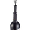 Top half of a dark wine bottle, visible cork and a silver metal piece with a round head and two thin rods placed on the cork