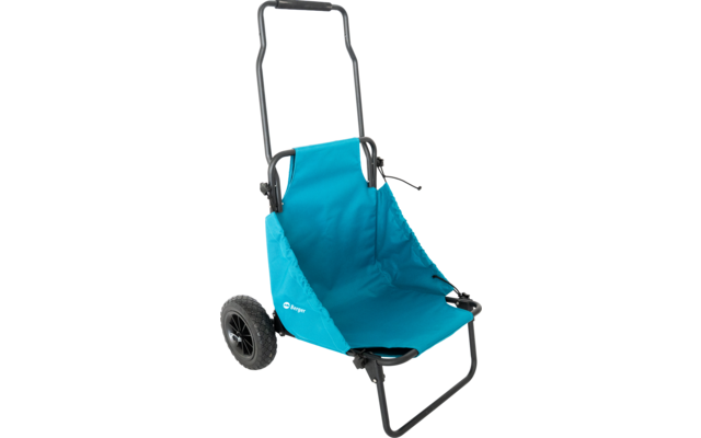 türkisfarbener Stoffbeutel auf schwarzem Metallgestell mit zwei großen Rädern und gebogenem Griff